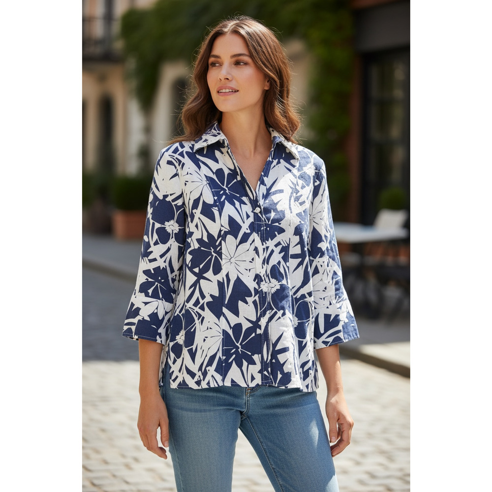 Harve Benard Tropical Linen Blend Button Up Blouse Blue White Floral Print XL